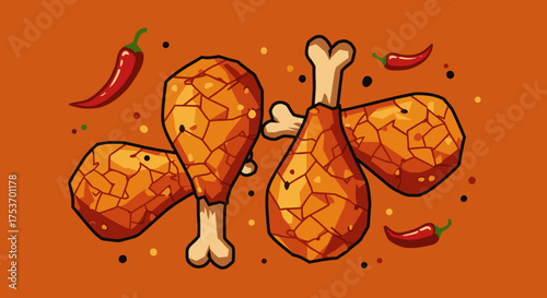 Spicy chicken drumsticks icon in red and orange for fast food menu design