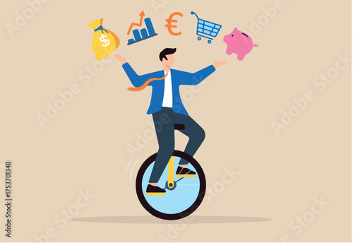 Smart businessman juggling finance on unicycle in flat design