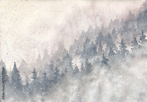 Misty watercolor pine forest landscape with fog and soft winter tones on textured paper background