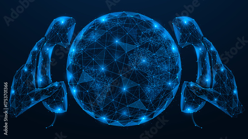 Global digital telephone communication. The concept of international calls, telecommunication technologies and a single information space. Polygonal design, blue background.