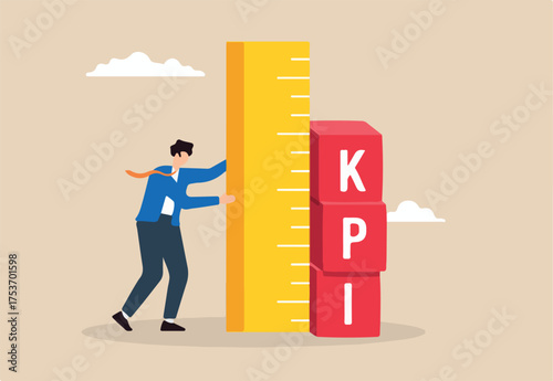 Flat illustration of businessman measuring Key Performance Indicator KPI box for evaluating success metrics and improve business