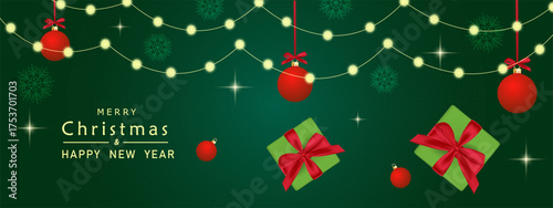 Christmas banner. Background Xmas design of  golden ball with realistic gifts box for winter holiday sale.  Horizontal happy new year poster, greeting cards, headers, website in luxury design.