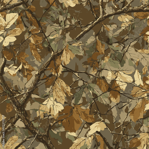 Realistic forest camouflage pattern for hunting. Hunting Seamless pattern. Conifer tree, branches and leaves. Useable for hunting and military purposes.