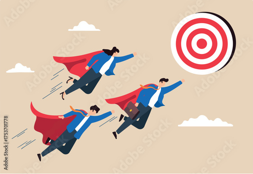 Superhero business people flying toward bullseye target illustrating teamwork, professional aim, and reaching goals. Concept of collaborative effort, leadership, and determination to achieve success