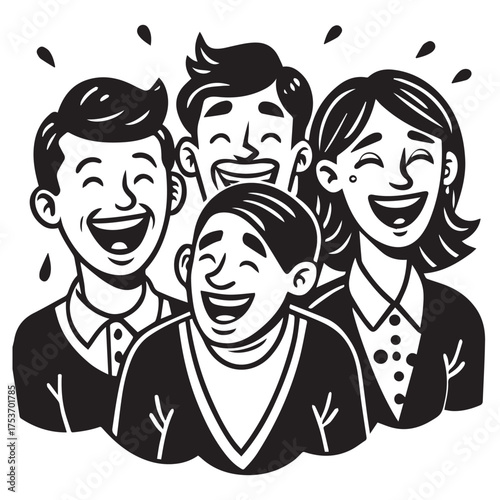 A black and white line drawing of a group of four people laughing together, isolated on white background the image is a vector illustration of happy people