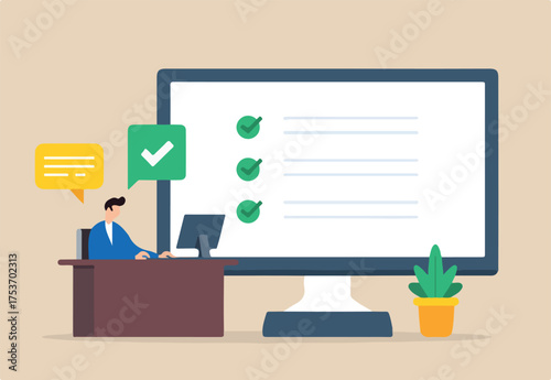 Flat illustration of man finishes online questionnaire on computer completing survey for customer feedback