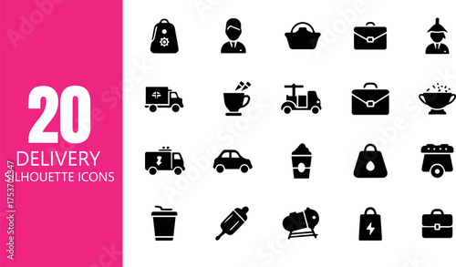 Collection of 20 black silhouette icons representing delivery services and logistics concepts