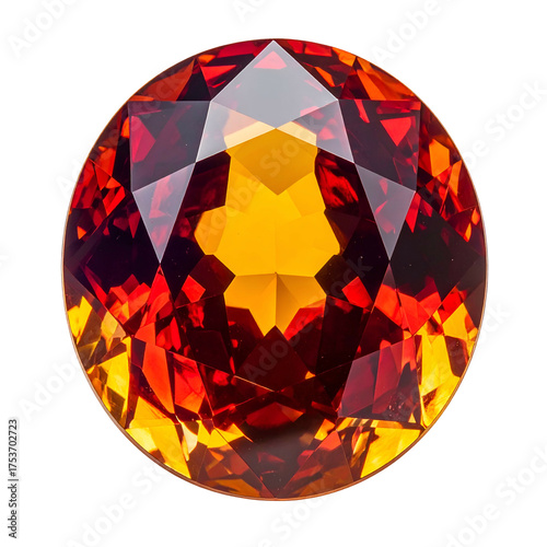 A faceted, round, gemstone with deep red and orange hues, dazzling brilliance