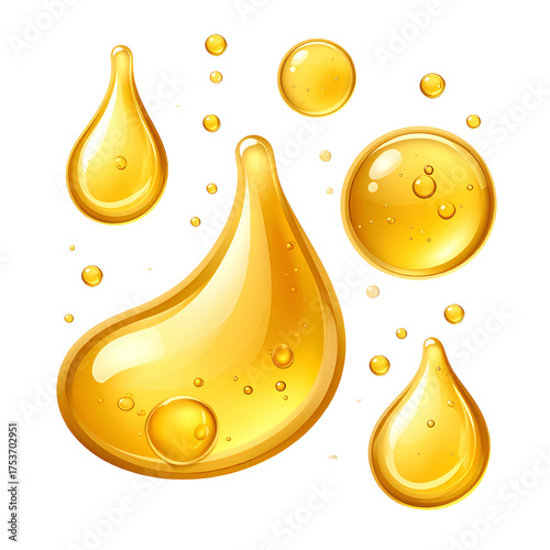 Vivid, stylized illustration of golden, glossy droplets and bubbles against a black background