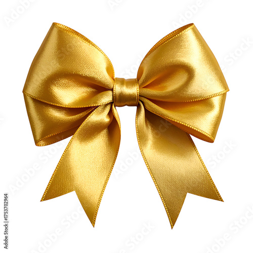 A close-up view of a golden satin bow with defined folds and flowing tails