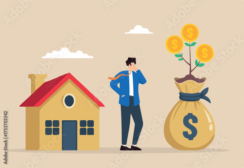 Flat illustration of businessman think between paying off mortgage and investing in stock market for profit symbolizing tough financial decision
