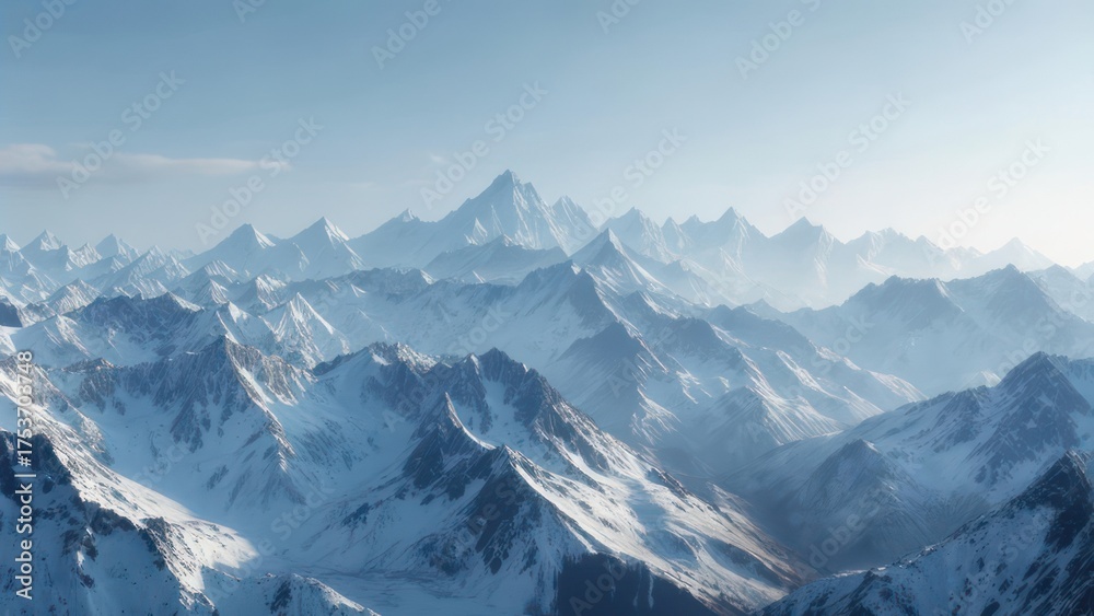 Obraz premium Snowy peaks of a vast mountain range under a clear, bright blue sky, shrouded in mist