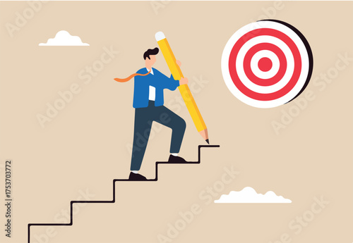 Businessman holding pencil to draw stairs to reach target