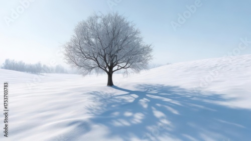 A solitary tree with snow-covered branches casts a long shadow on a pristine white landscape
