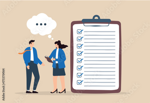 Businesswoman conducting interview with checklist concept thorough candidate assessment systematic evaluation detailed questioning
