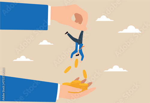 Greedy hand hold small businessman, shaking them to extract all their money, illustrating tax hikes or unethical practices. Concept of governments increase taxes or individuals overcharge bills