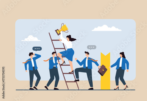 Flat illustration of professionals holding up ladder for colleague climbing to success