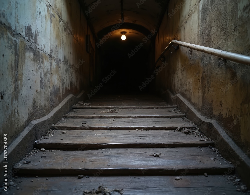 Obraz premium Old wooden stairs lead down to dark, gloomy underground tunnel. Single light bulb shines faintly at far end of creepy, mysterious passage. Dirty concrete walls line forgotten, abandoned basement