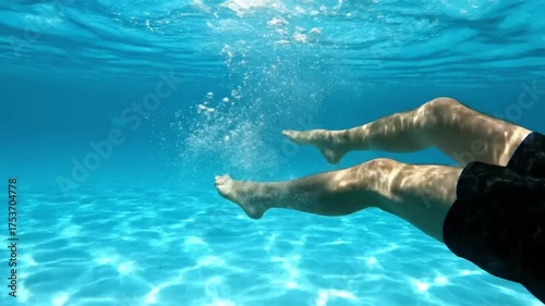 Mans Legs Kicking and Floating Underwater in a Clear Blue Swimming Pool.