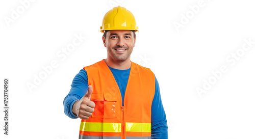 Happy construction worker giving thumbs up for project success, perfect for safety campaigns and skilled trades promotions, ideal for engineering websites