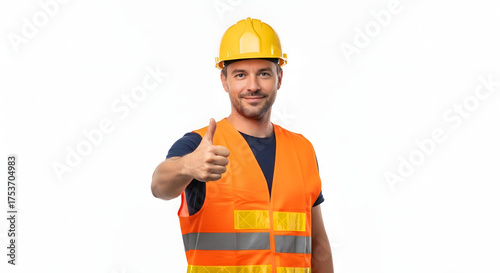 Friendly construction worker giving thumbs up for safety, quality, and excellent service on the job site, ensuring project success and positive results