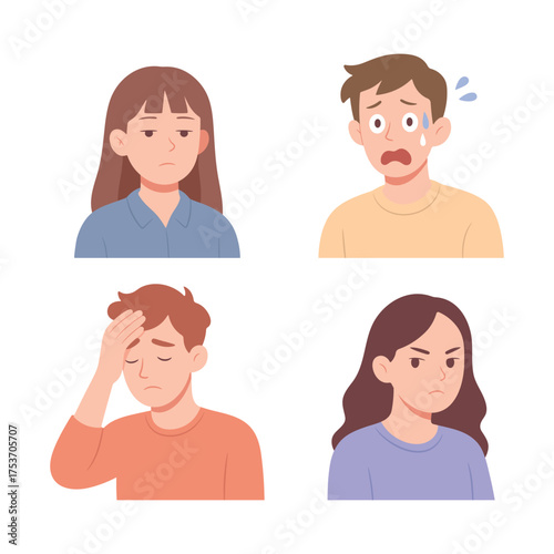 Set of people showing emotions such as worry, sadness, anger, and frustration. Flat cartoon vector illustration of emotional reactions and stress isolated on white.