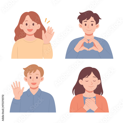 Set of people showing positive gestures: waving, heart hands, and gratitude pose. Reaction, friendly expressions symbolizing kindness, empathy, and connection. Vector isolated on white.