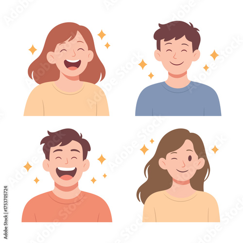 Set of happy people smiling and laughing. Reaction, positive emotions, cheerful faces, and friendly expressions representing joy, happiness, and friendship. Vector isolated on white.