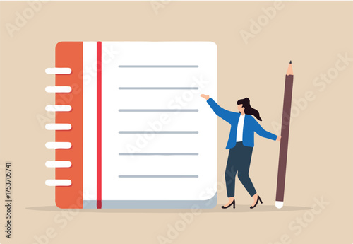 Flat illustration of young woman holding pencil write notebook symbolizing taking note for study and productivity