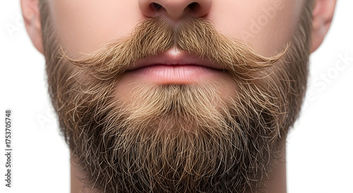 Dapper gentleman's meticulously styled blonde mustache and full beard detail exuding classic charm and refined masculinity for grooming and fashion content.