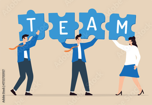 Business team connecting jigsaw puzzle together in flat design