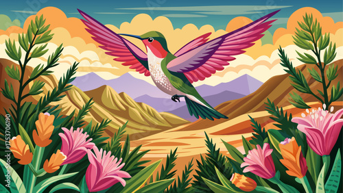 Very beautiful female Ruby-throated Hummingbird (Archilochus colubris) in mid-flight feeding on the delicate pink blossoms of a Desert Willow (Chilopsis linearis) in Hill Country, Texas, USA, during 
