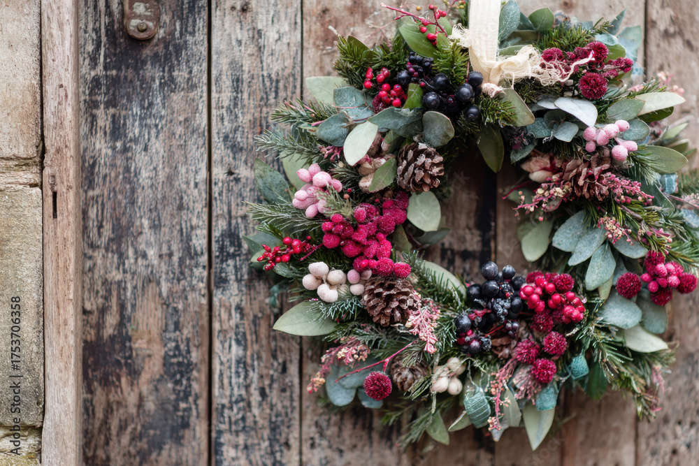 Fototapeta premium Festive Christmas wreath with berries and pine cones hanging on a rustic wooden door perfect for holiday decorations