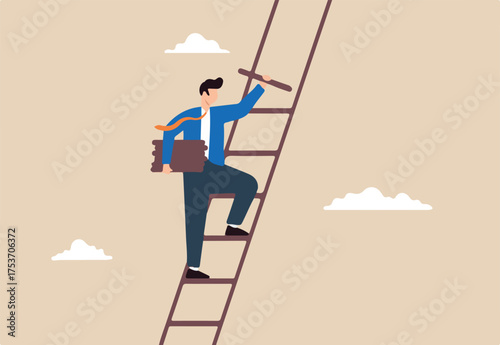 Flat illustration of businessman build ladder of success climb up step to overcome challenge achieve career growth improve opportunity job path