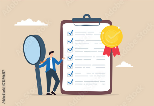 Businessman inspect quality control badge document with magnifying glass