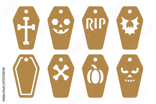 Set of Halloween gift tags with coffin shapes. Vector templates for cutting. Craft paper or cardboard labels cut files