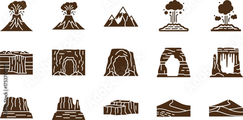 Set of geological formation icons featuring volcanoes mountains caves and arches in a simple flat vector style for infographic and presentation design