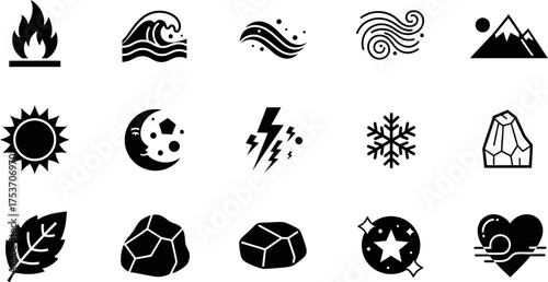Collection of nature element icons simple flat vector glyphs for weather and environmental concepts isolated on white background