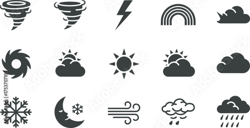 Weather icon set simple flat vector glyphs representing various weather conditions isolated on white background for app and web design