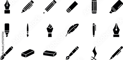 Set of writing and drawing tools icons including pens pencils brushes and erasers simple flat vector glyphs isolated on white background
