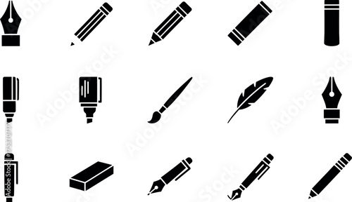 Set of writing and drawing tool icons including pens pencils brushes and markers simple black glyph vector design isolated on white background