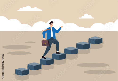 Flat illustration of businessman steps on stones across ocean symbolizing milestones on pathway to success