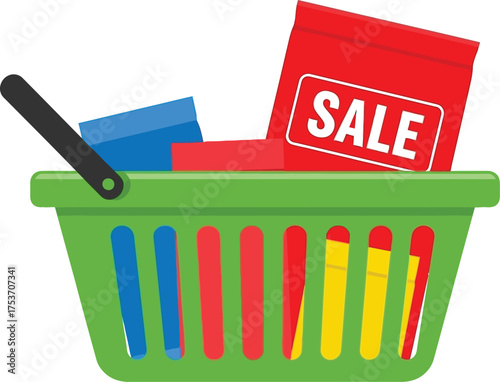Green shopping basket filled with colorful products and a red bag with a SALE sign, symbolizing commerce and discounts.