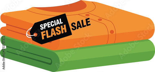 Brightly colored folded clothing with a special flash sale tag.