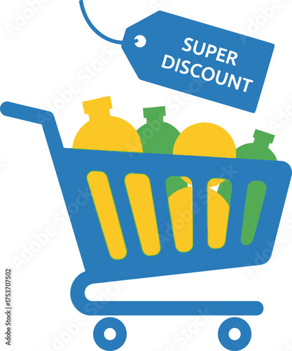 Shopping cart filled with groceries and a tag announcing a super discount, perfect for sales and promotions.