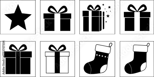 Christmas icons: star, gifts, and stocking in a square grid.
