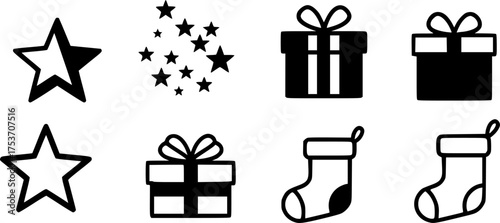 Christmas icons: star, gifts, and stocking in a square grid.
