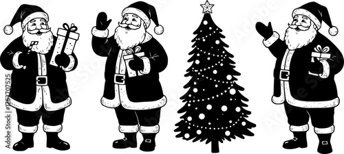Vector art of collection of six black and white silhouette illustrations of santa claus in various festive poses, isolated on transparent background
