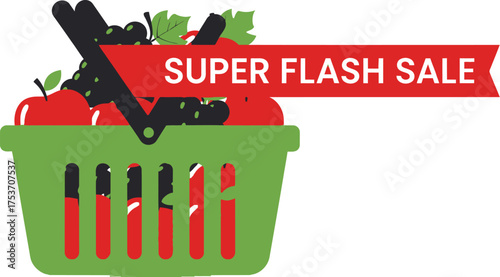 Bright red banner announces a super flash sale over a full green shopping basket brimming with fresh fruit.