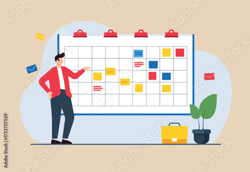 Flat illustration of project manager tracking milestone achievements with interactive kanban board